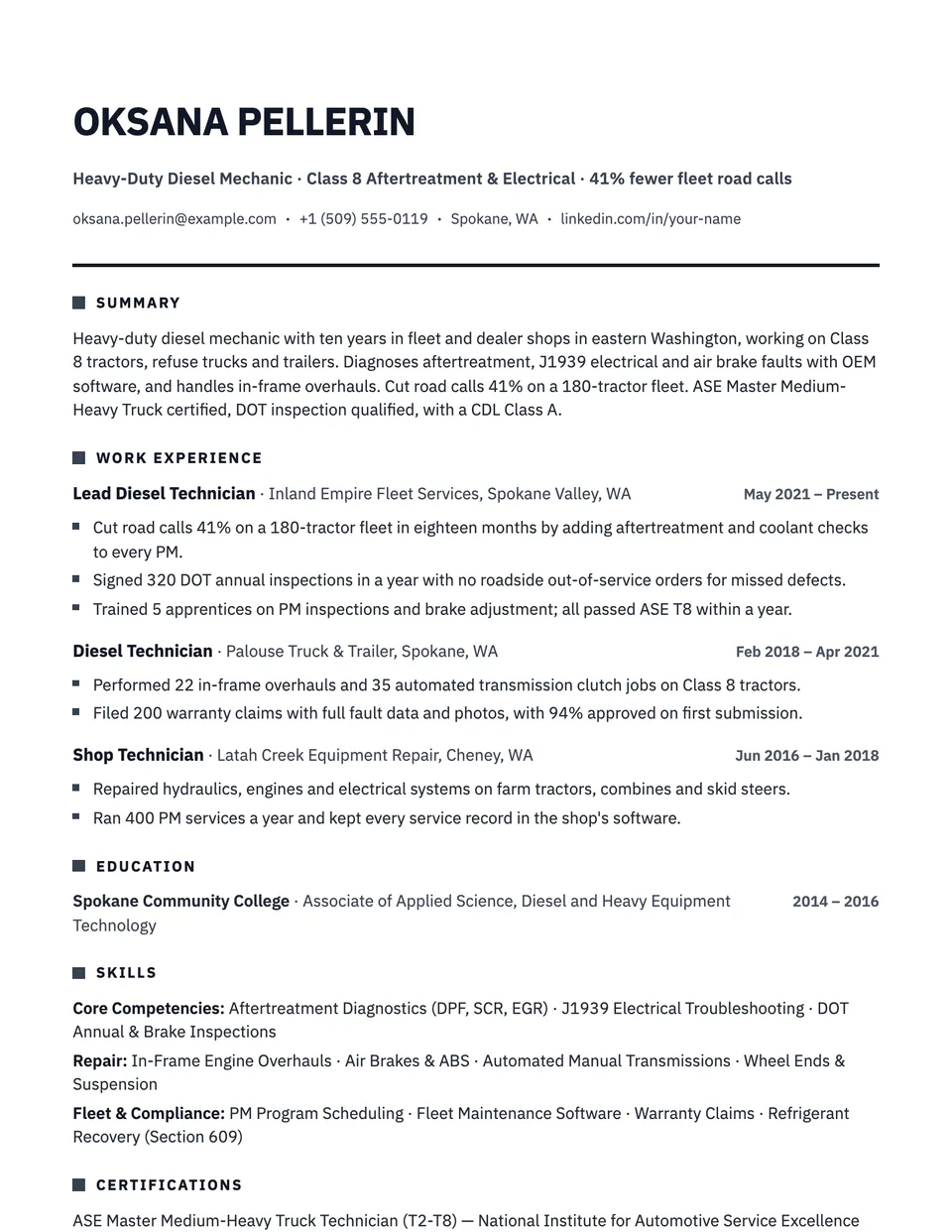 Diesel Mechanic sample resume in the Polar template