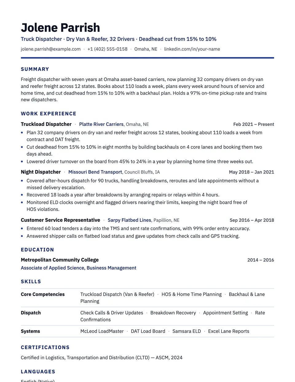 Dispatcher sample resume in the Strata template