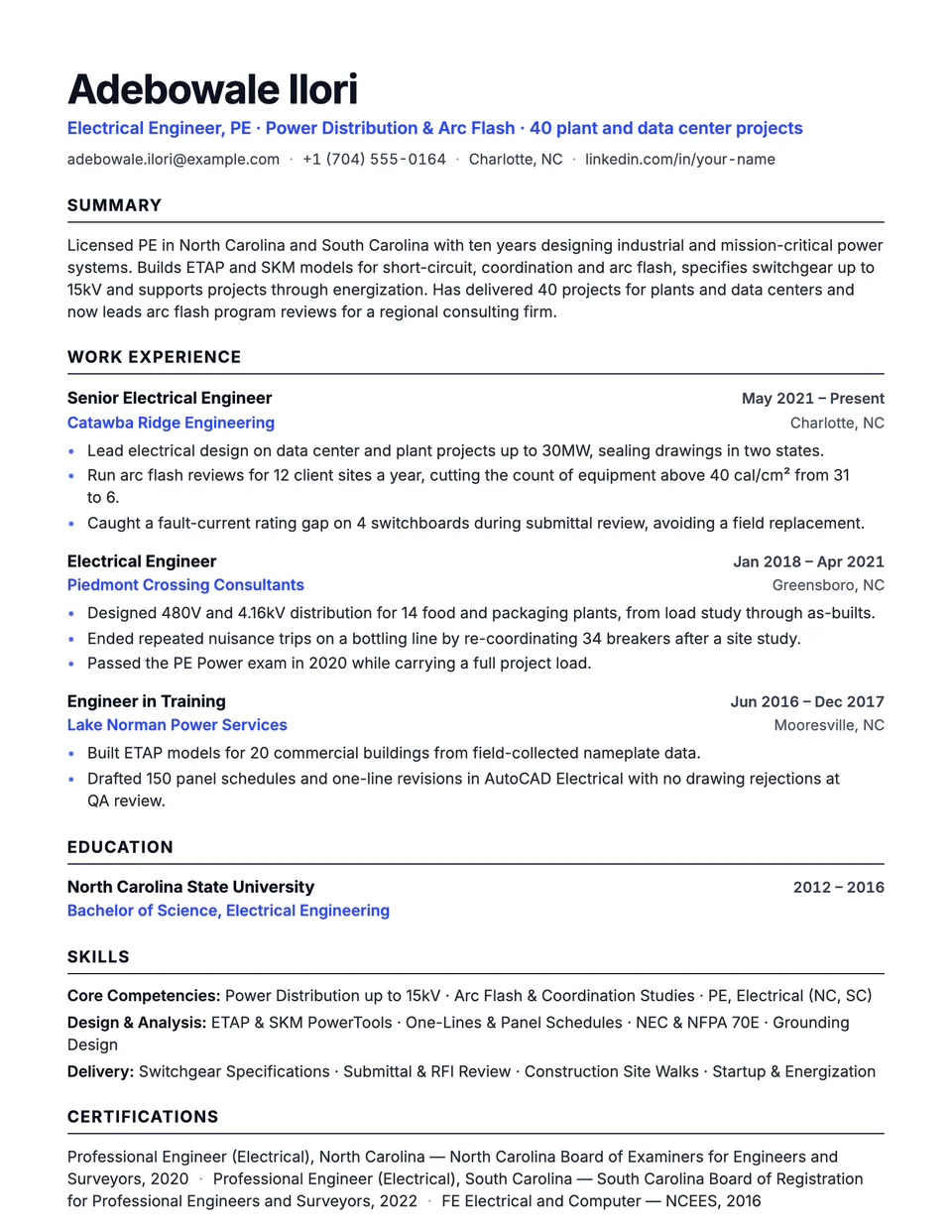 Electrical Engineer sample resume in the Beacon template