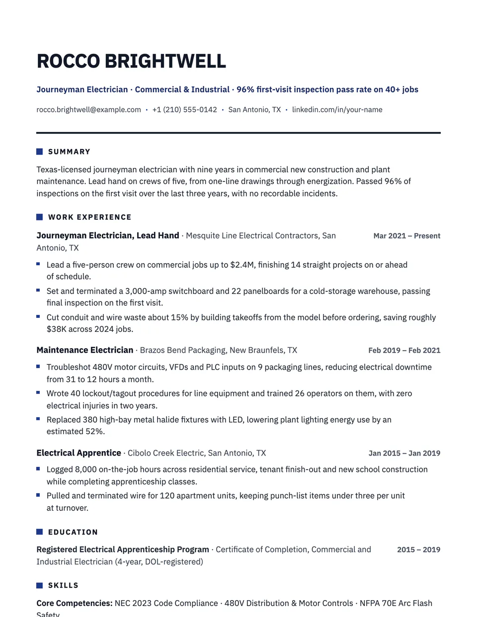 Electrician sample resume in the Polar template