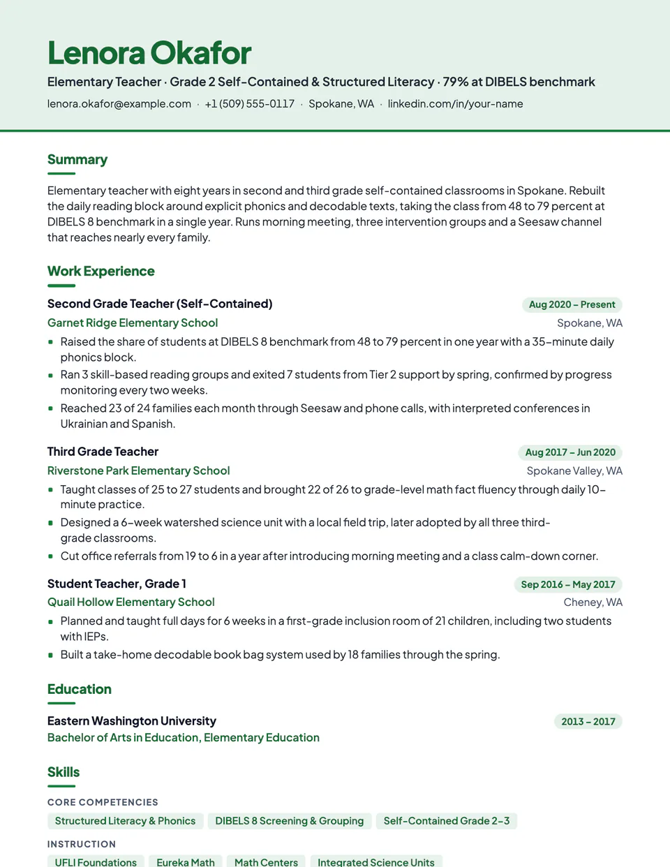 Elementary School Teacher sample resume in the Canopy template