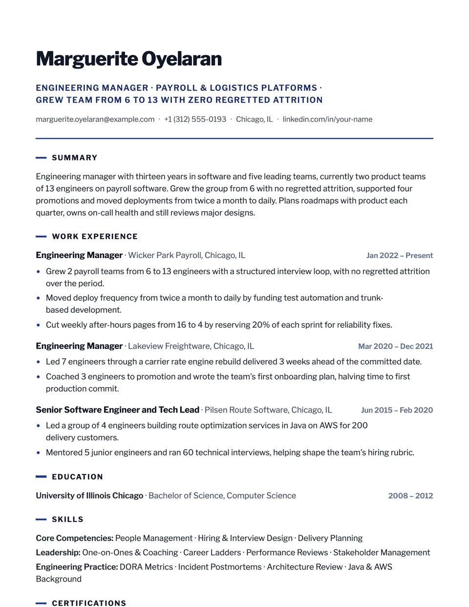 Engineering Manager sample resume in the Summit template