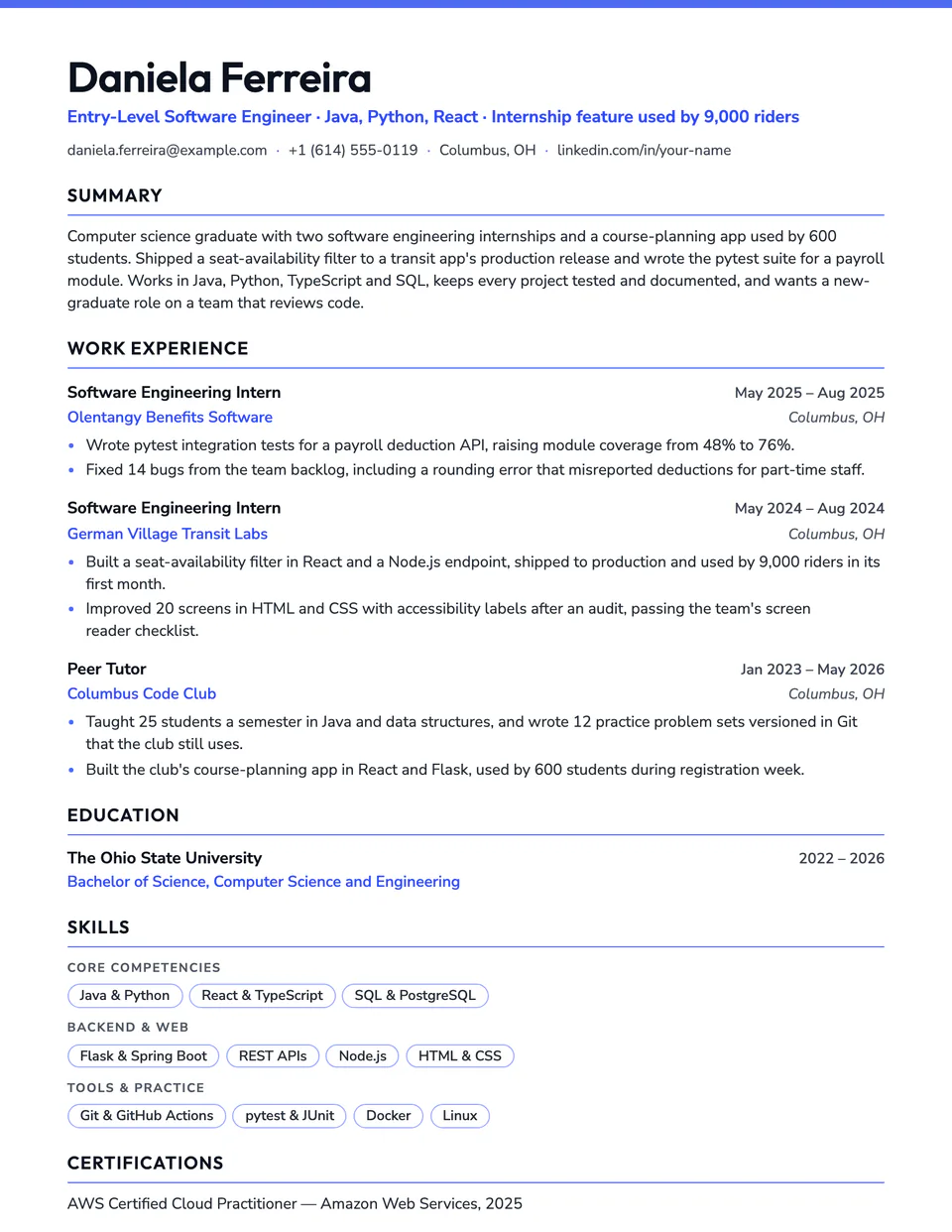 Entry-Level Software Engineer sample resume in the Campus template
