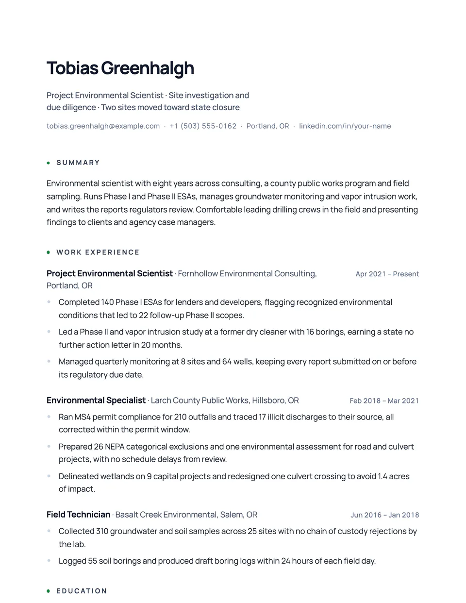 Environmental Scientist sample resume in the Nimbus template