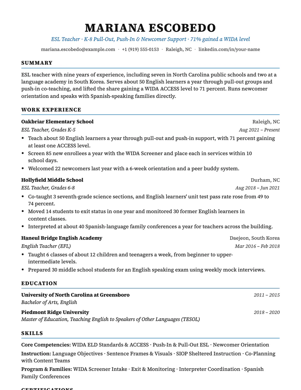 ESL Teacher sample resume in the Charter template