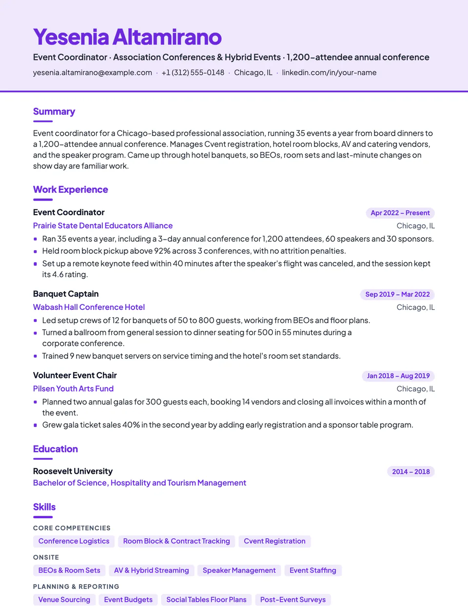 Event Coordinator sample resume in the Canopy template