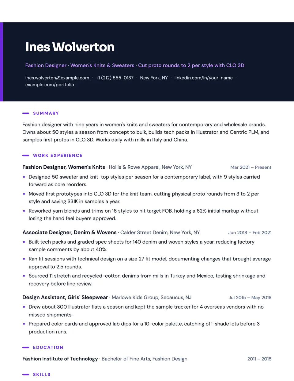Fashion Designer sample resume in the Prism template