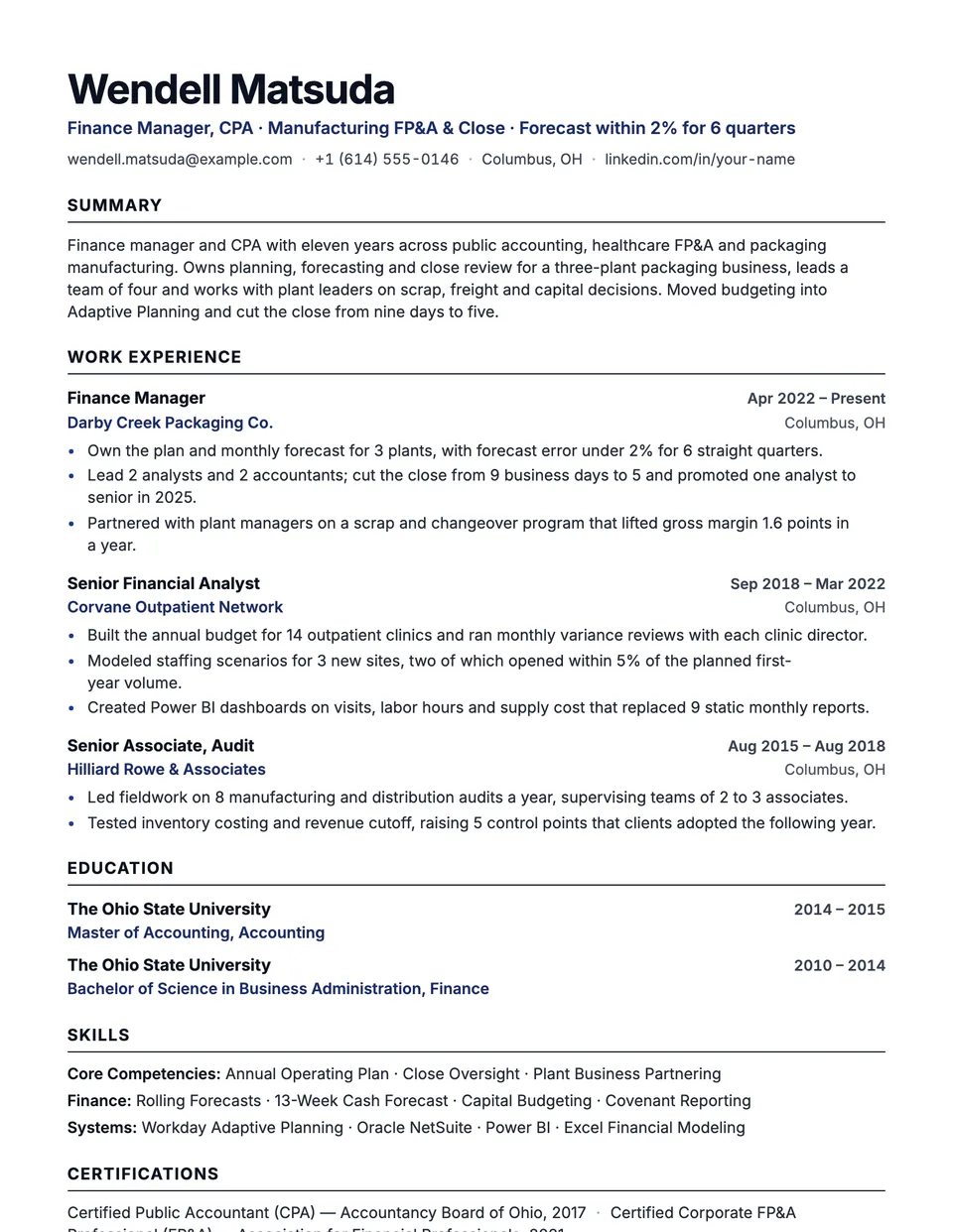 Finance Manager sample resume in the Beacon template