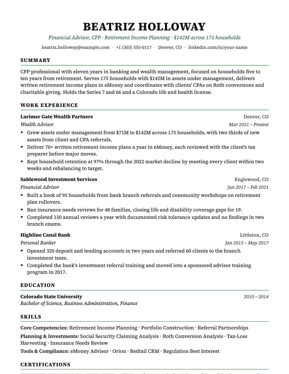 Financial Advisor sample resume in the Charter template