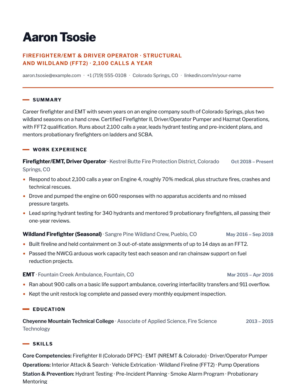 Firefighter sample resume in the Summit template