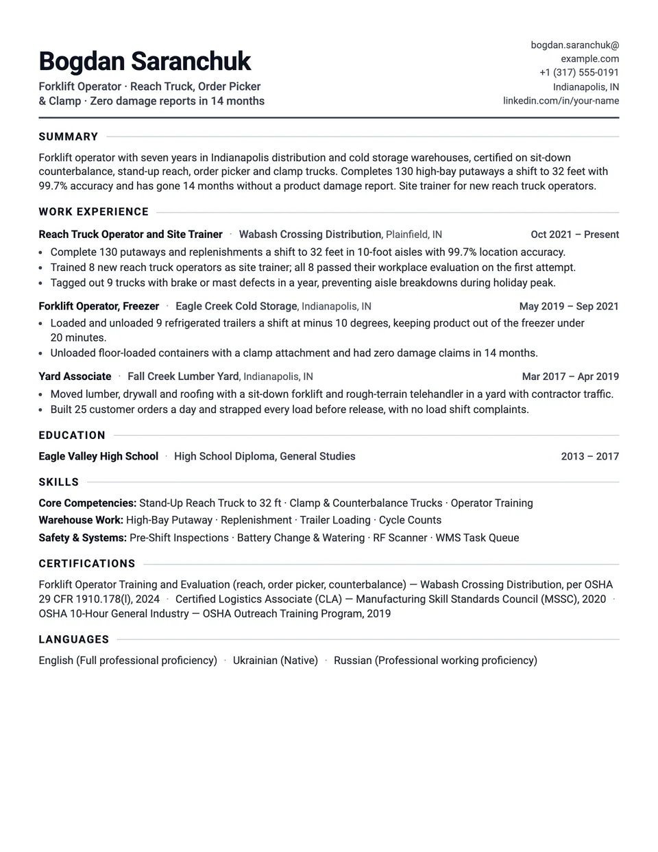 Forklift Operator sample resume in the Tempo template
