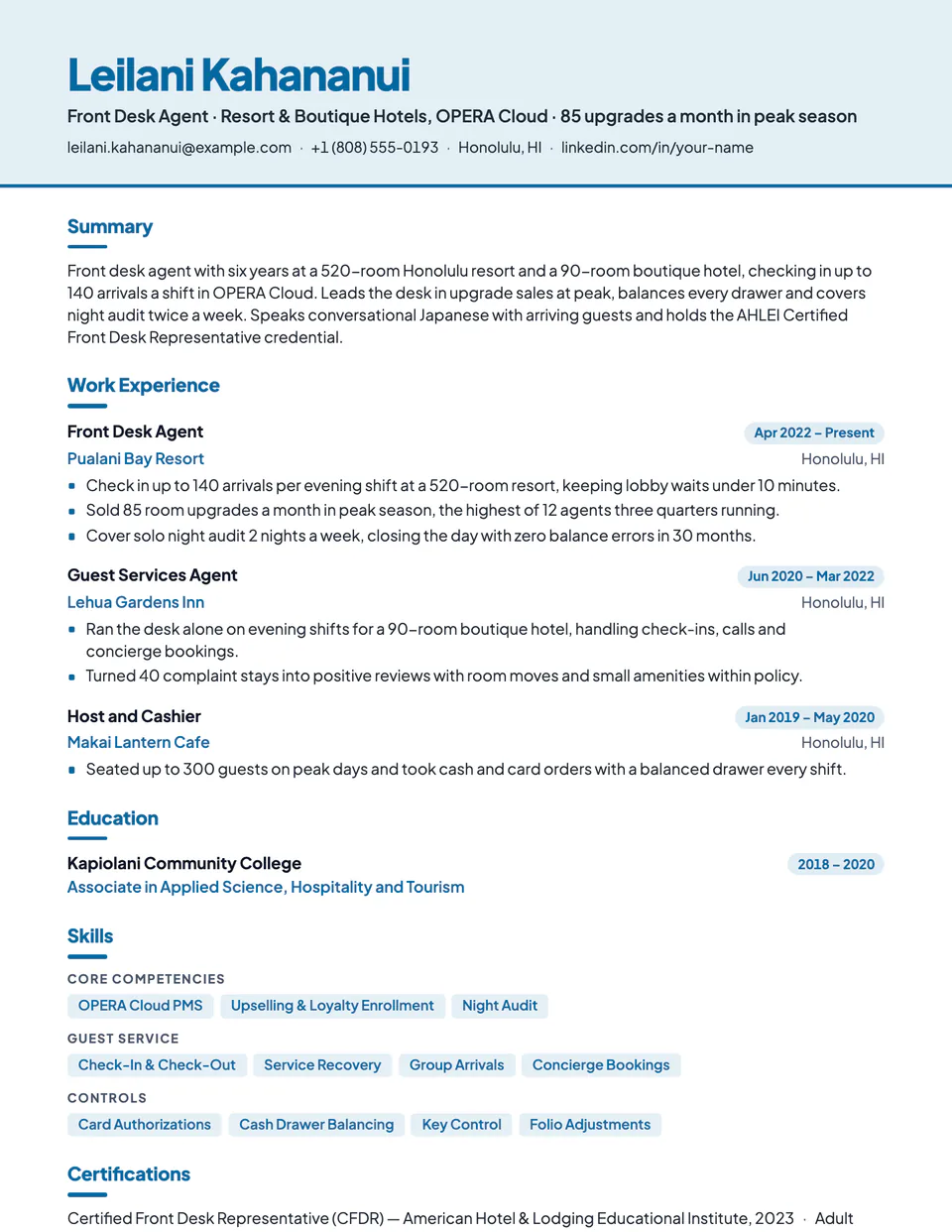 Front Desk Agent sample resume in the Canopy template