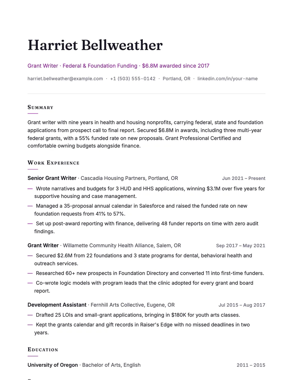 Grant Writer sample resume in the Vellum template