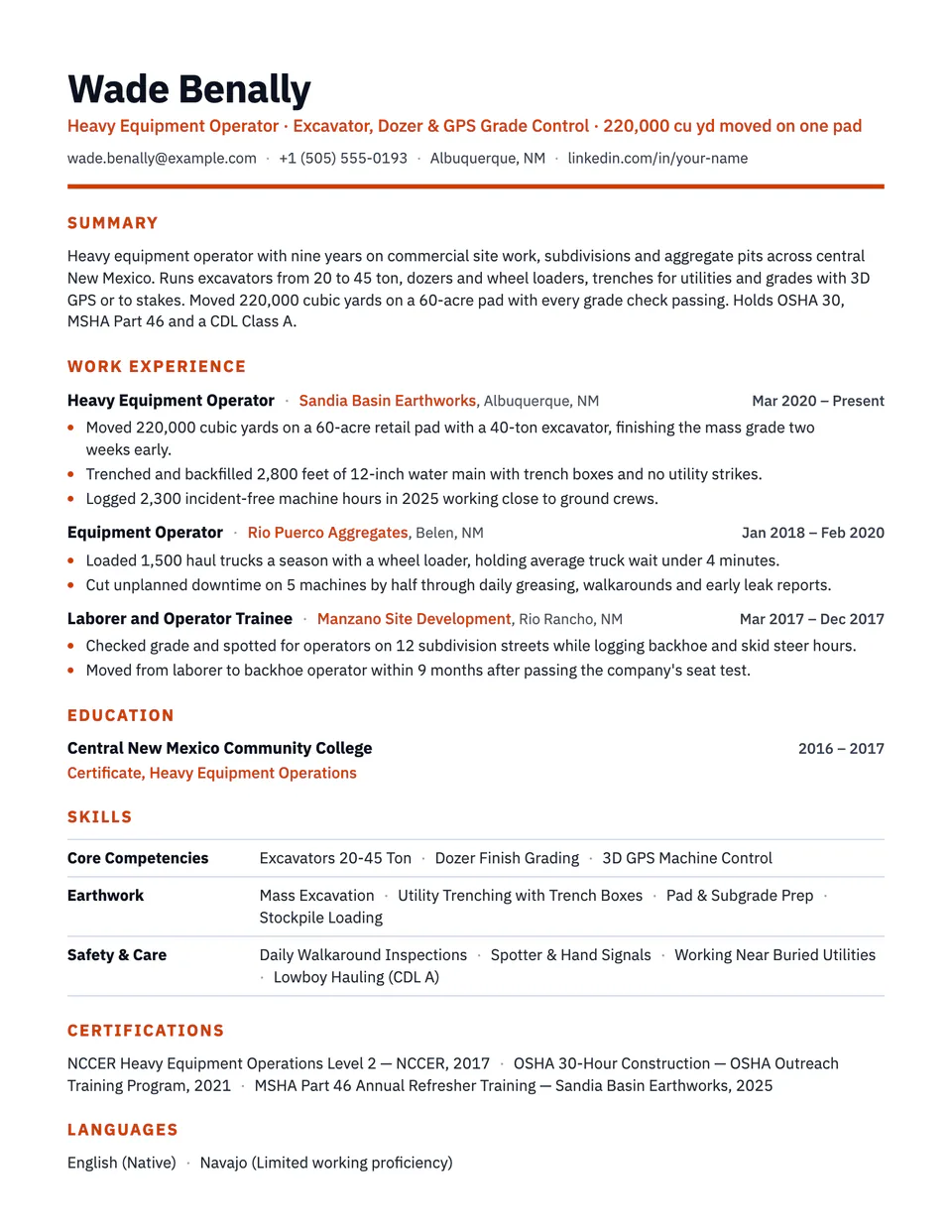 Heavy Equipment Operator sample resume in the Strata template