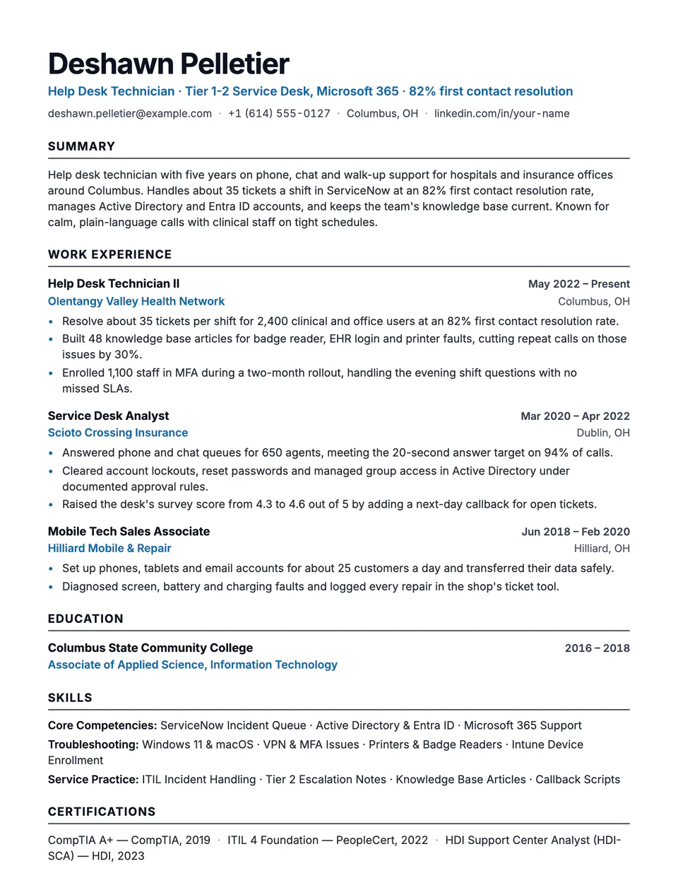 Help Desk Technician sample resume in the Beacon template