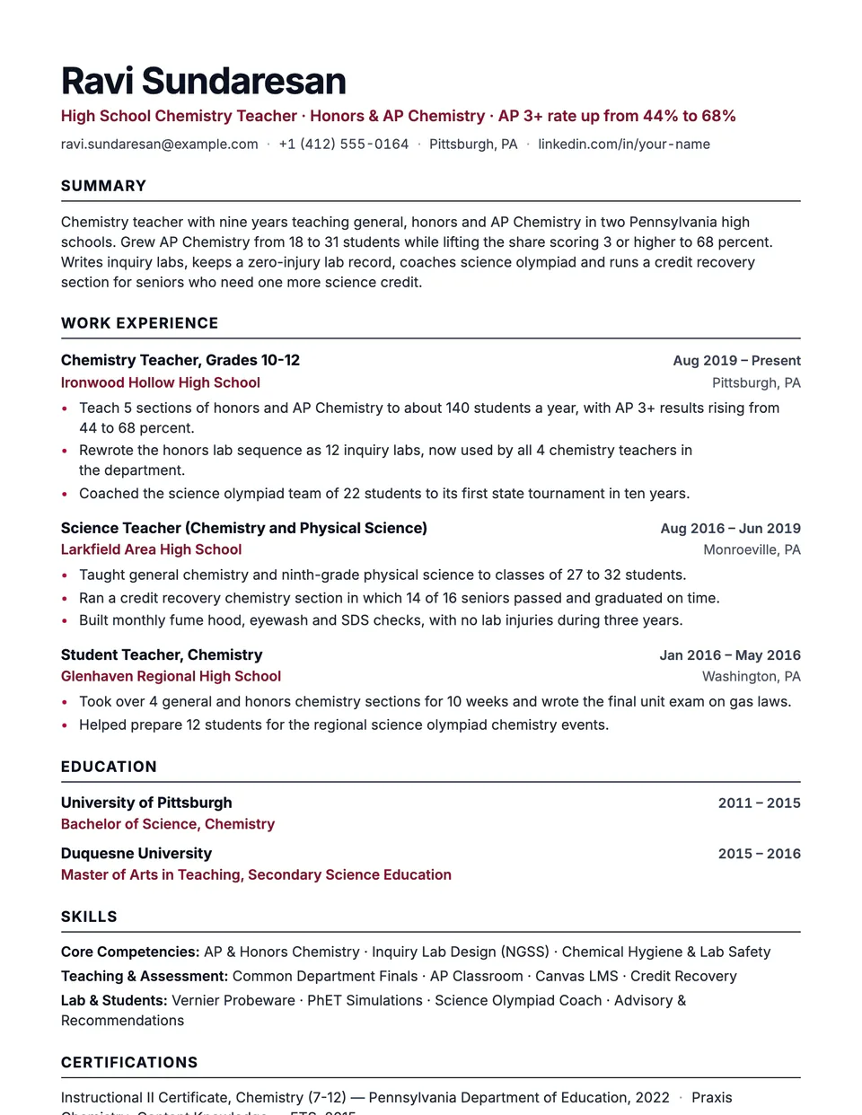 High School Teacher sample resume in the Beacon template