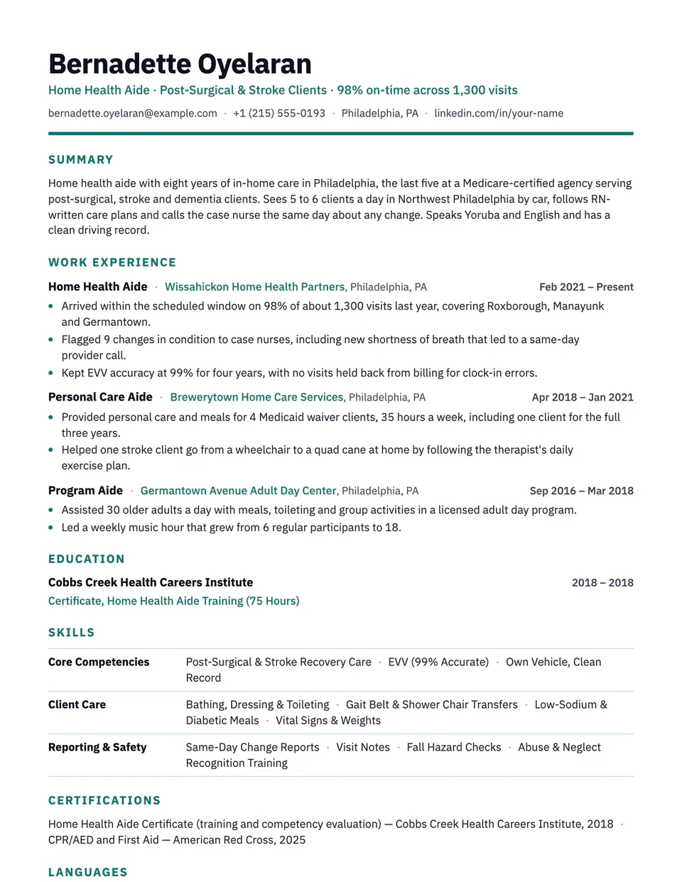Home Health Aide sample resume in the Strata template