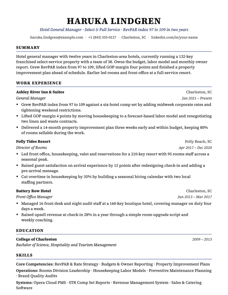 Hotel Manager sample resume in the Charter template