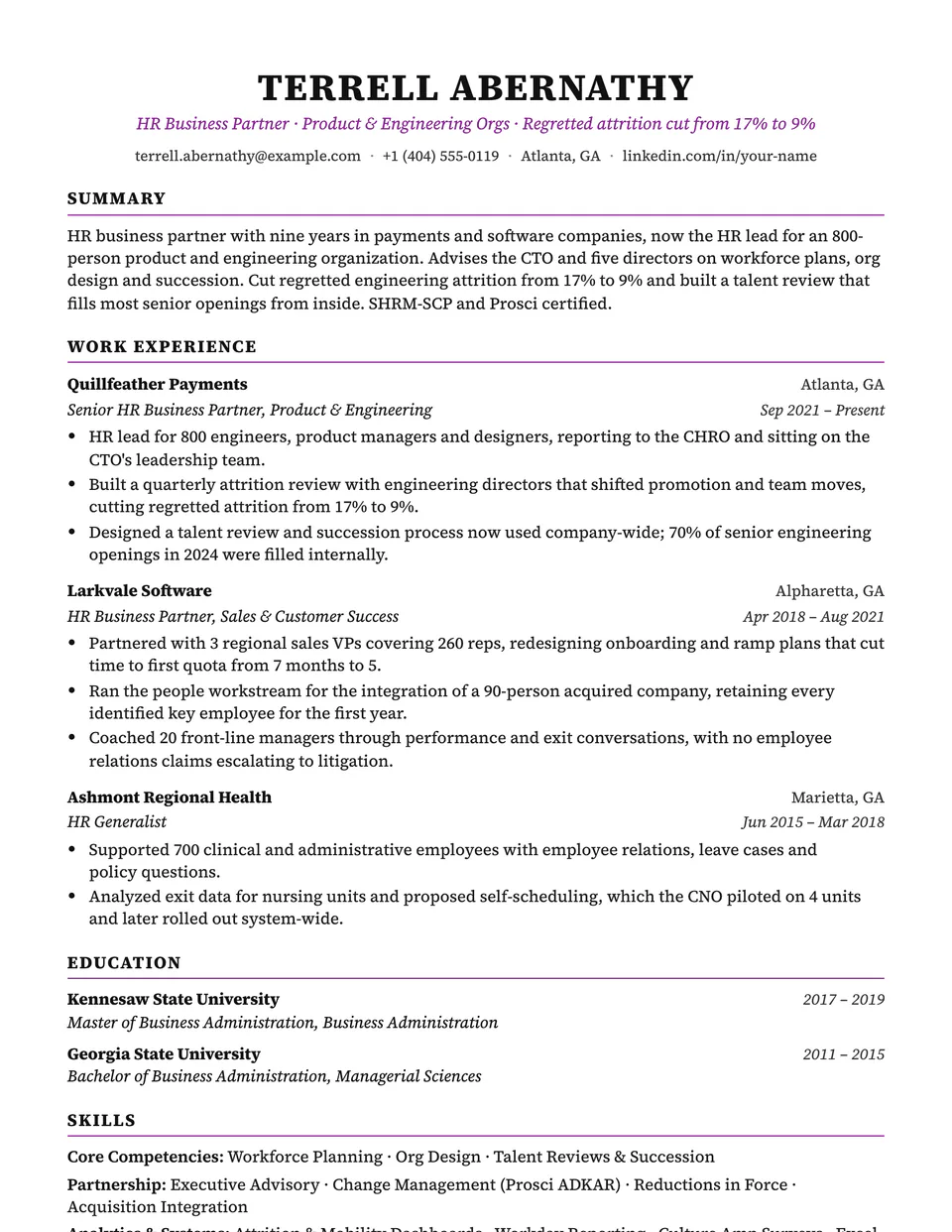 HR Business Partner sample resume in the Charter template
