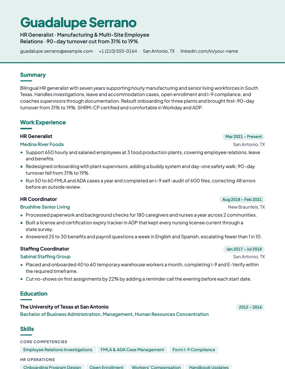HR Generalist sample resume in the Canopy template
