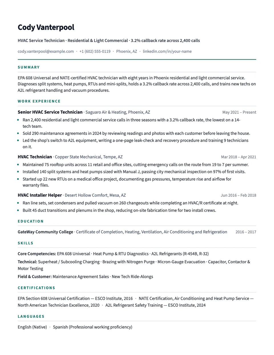 HVAC Technician sample resume in the Compact template