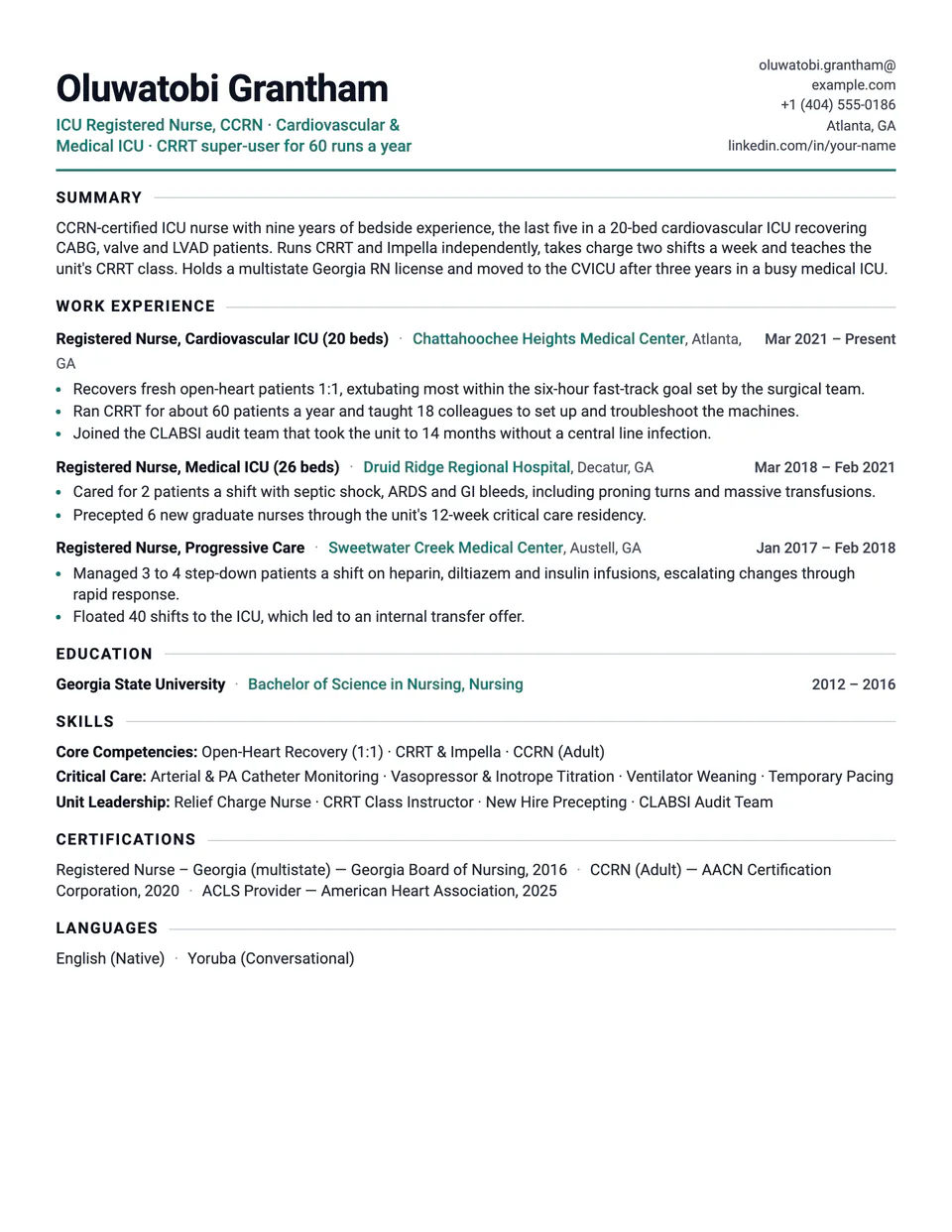 ICU Nurse sample resume in the Tempo template
