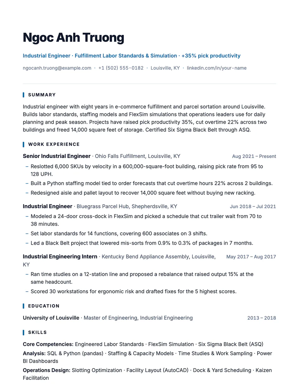 Industrial Engineer sample resume in the Atlas template