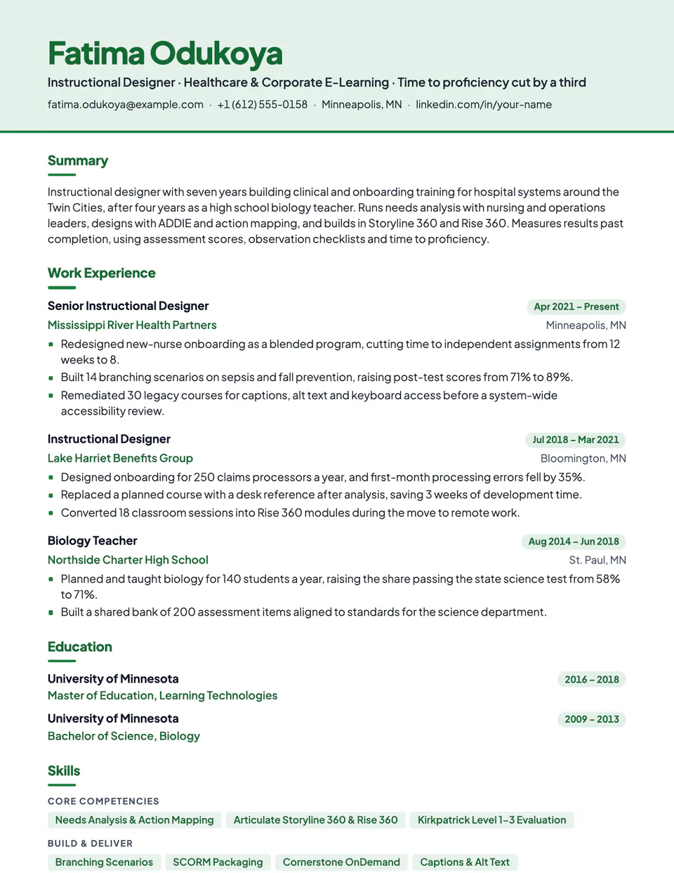 Instructional Designer sample resume in the Canopy template