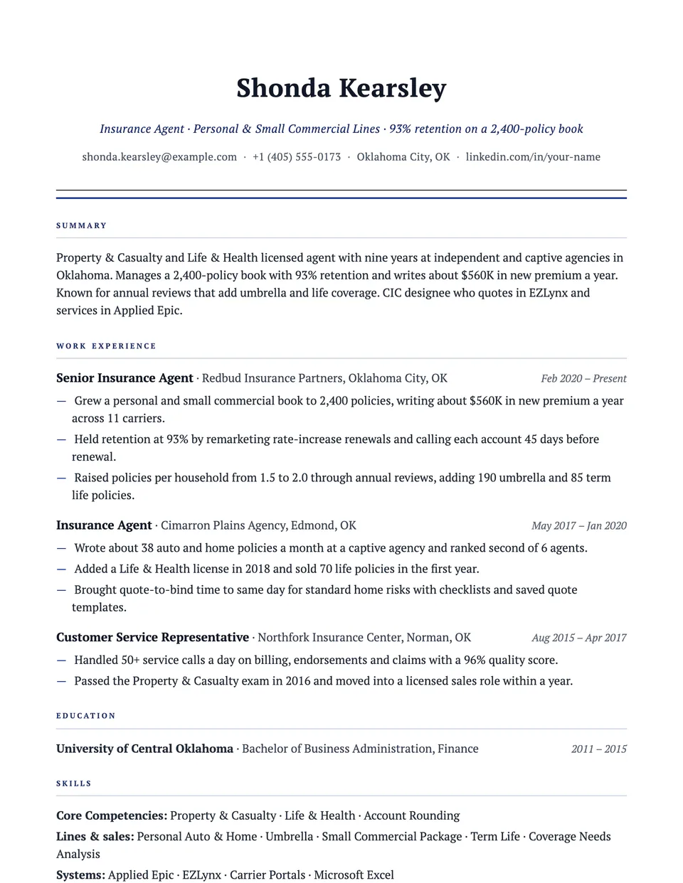 Insurance Agent sample resume in the Consul template