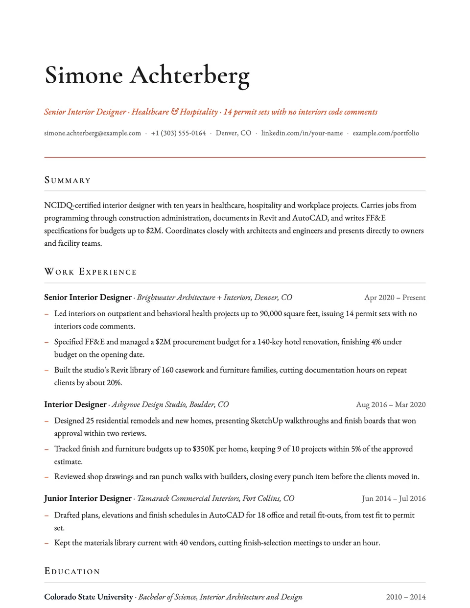 Interior Designer sample resume in the Elegant template
