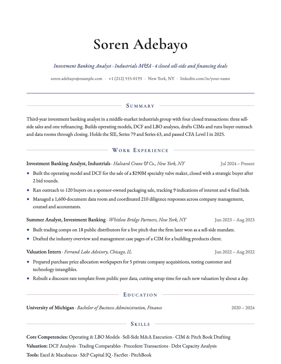 Investment Banking Analyst sample resume in the Regent template