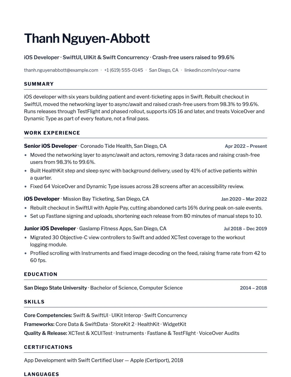 iOS Developer sample resume in the Sleek template