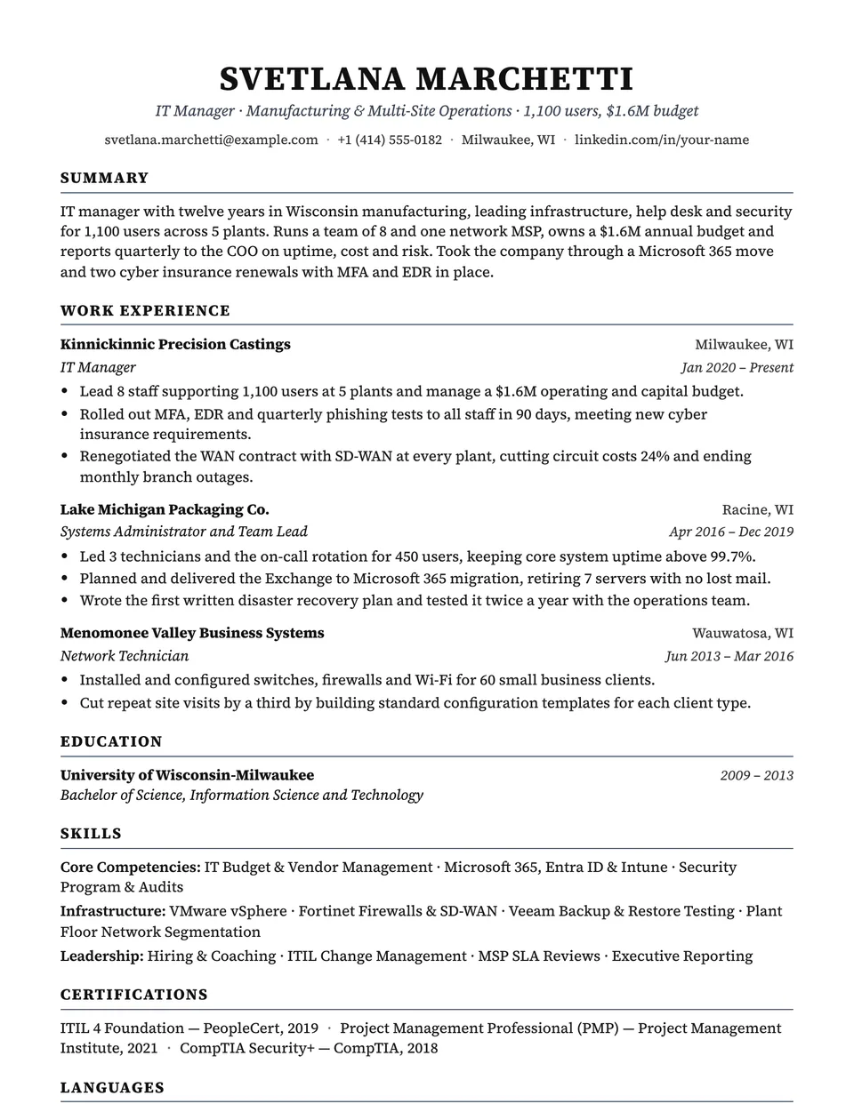 IT Manager sample resume in the Charter template