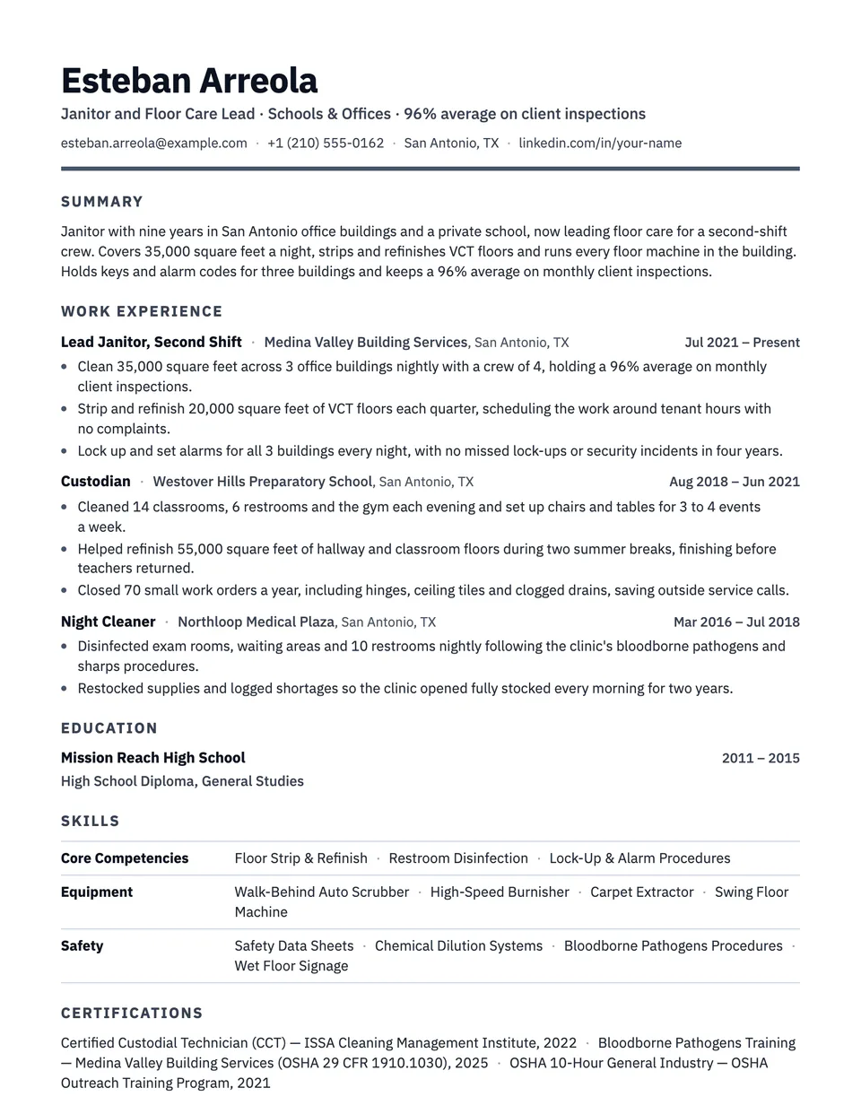 Janitor sample resume in the Strata template