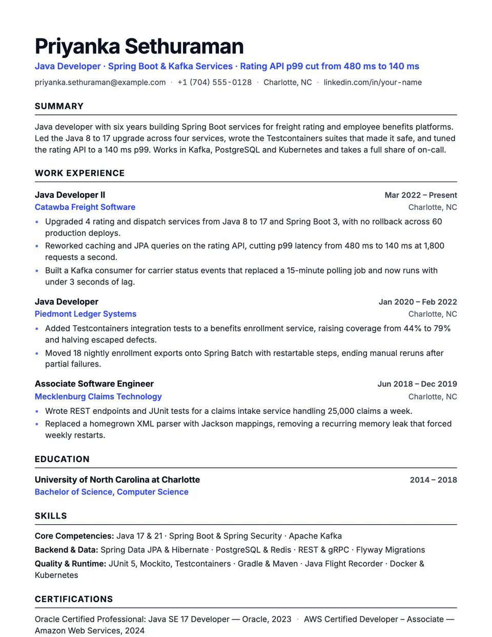 Java Developer sample resume in the Beacon template