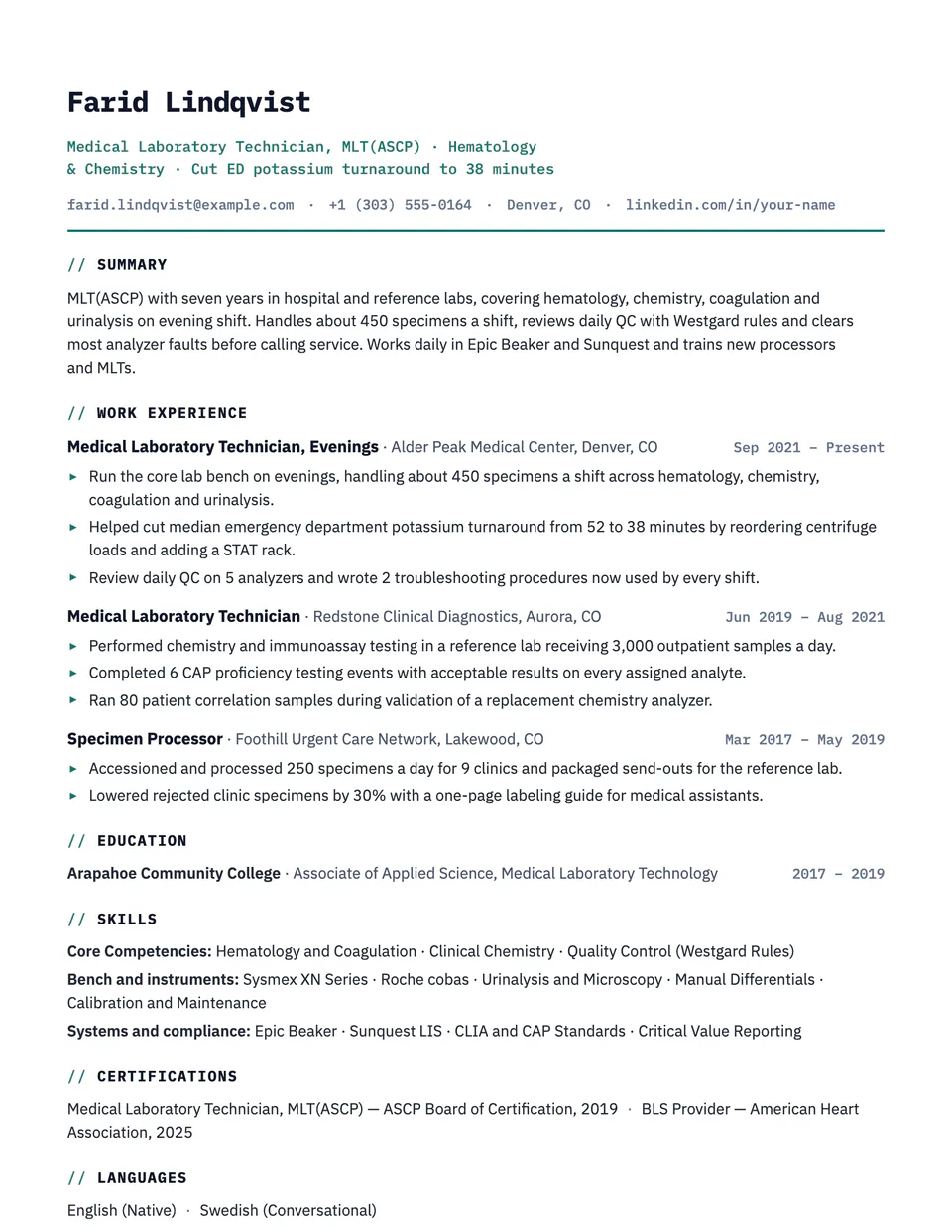 Lab Technician sample resume in the Technical template