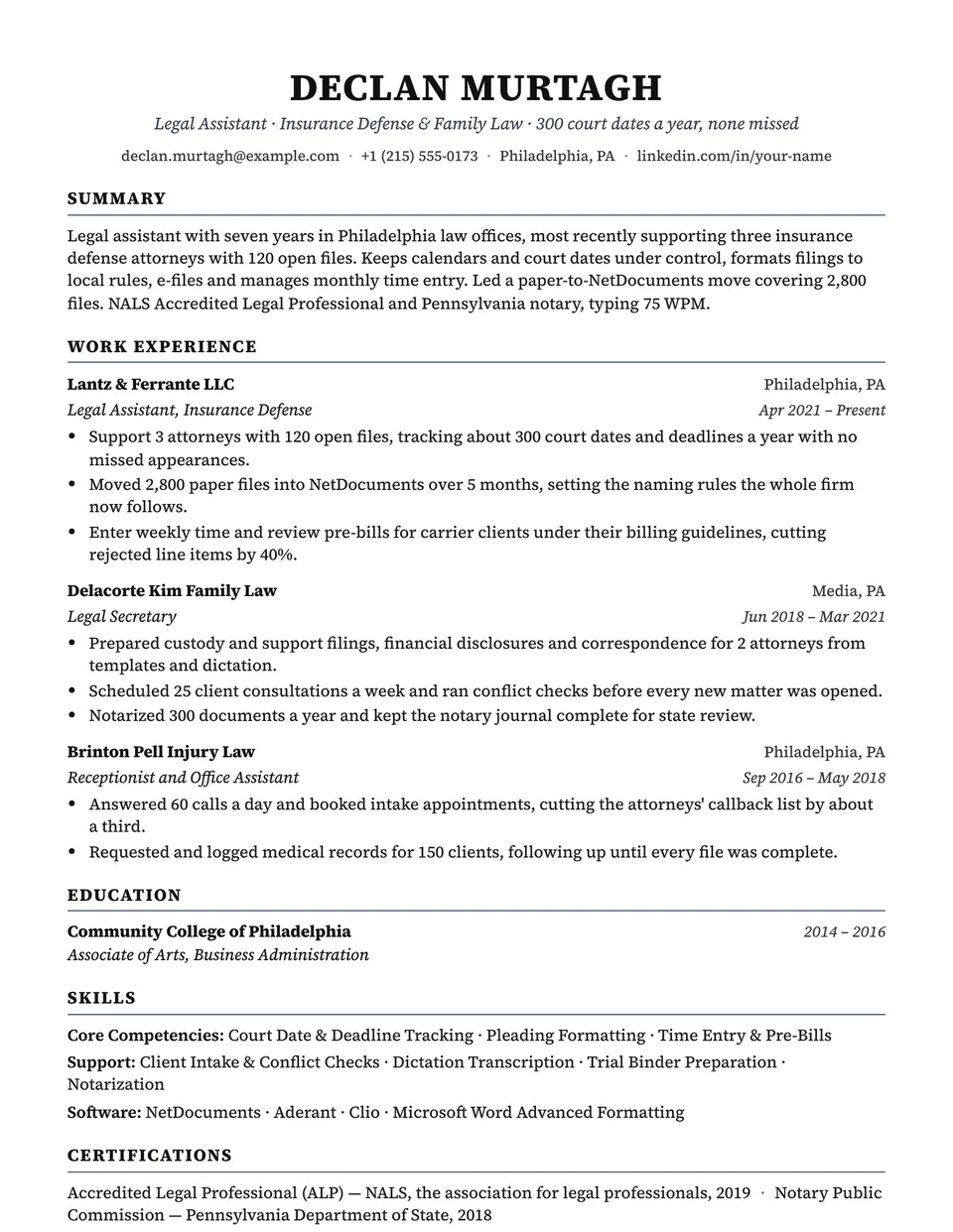Legal Assistant sample resume in the Charter template