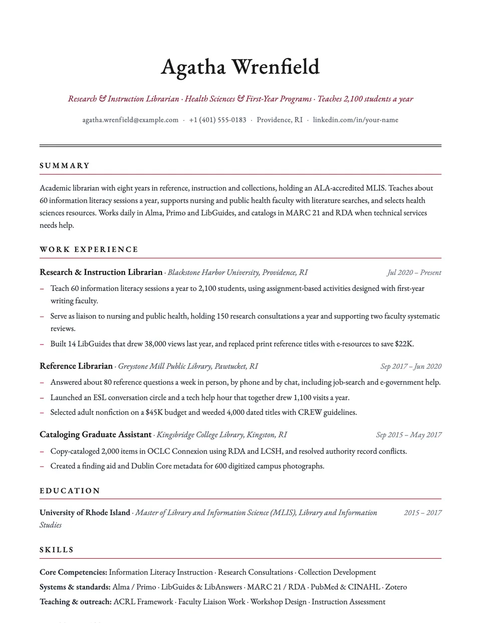 Librarian sample resume in the Oxford template