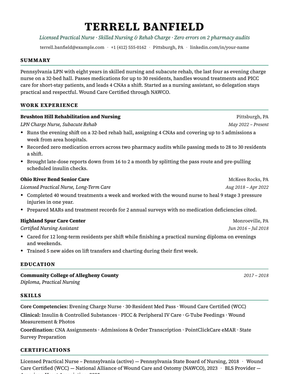 Licensed Practical Nurse sample resume in the Charter template