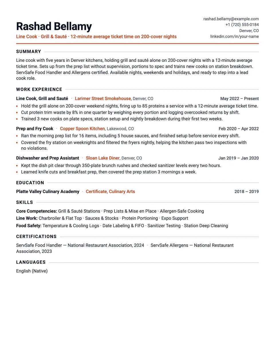 Line Cook sample resume in the Tempo template