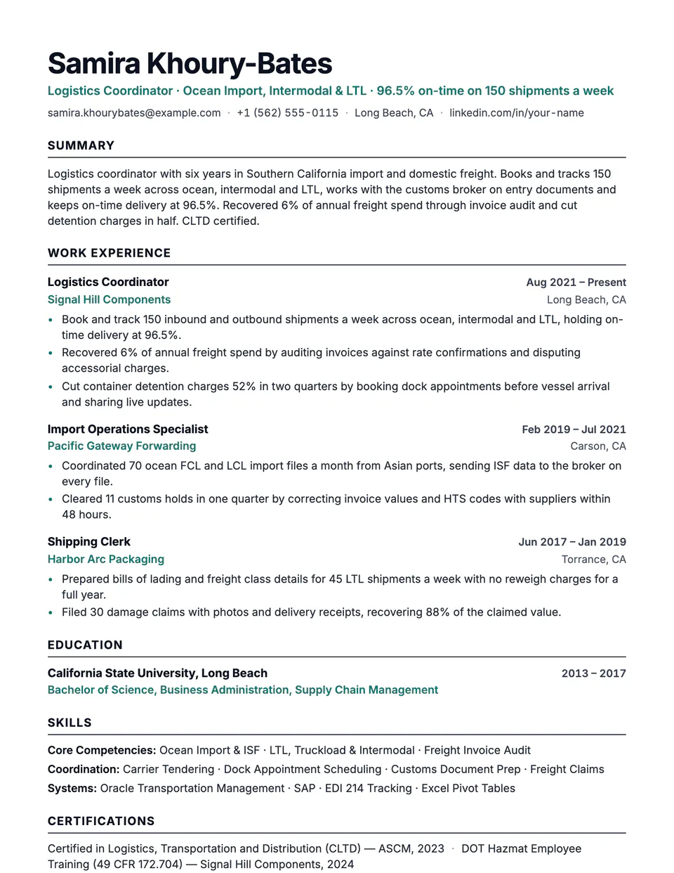 Logistics Coordinator sample resume in the Beacon template