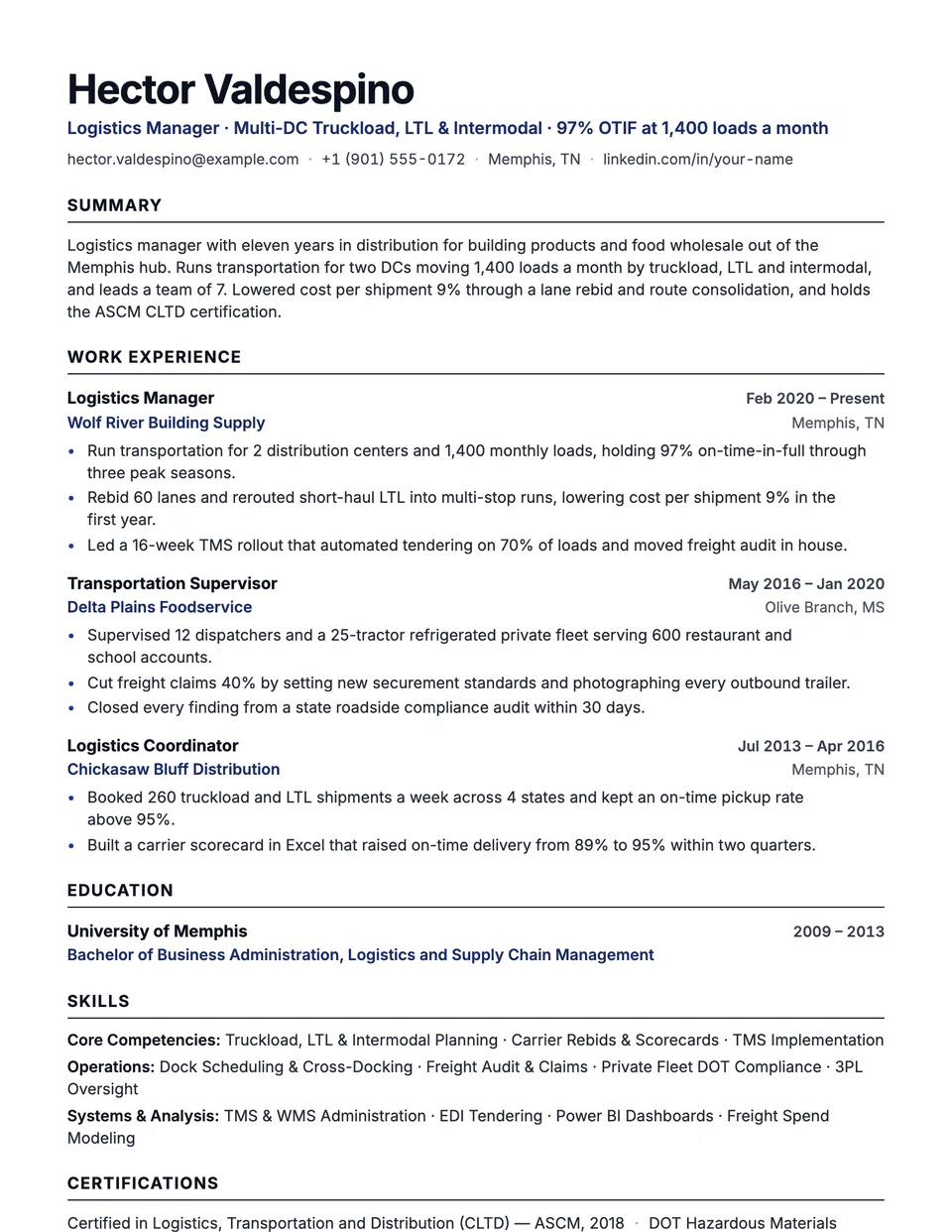 Logistics Manager sample resume in the Beacon template