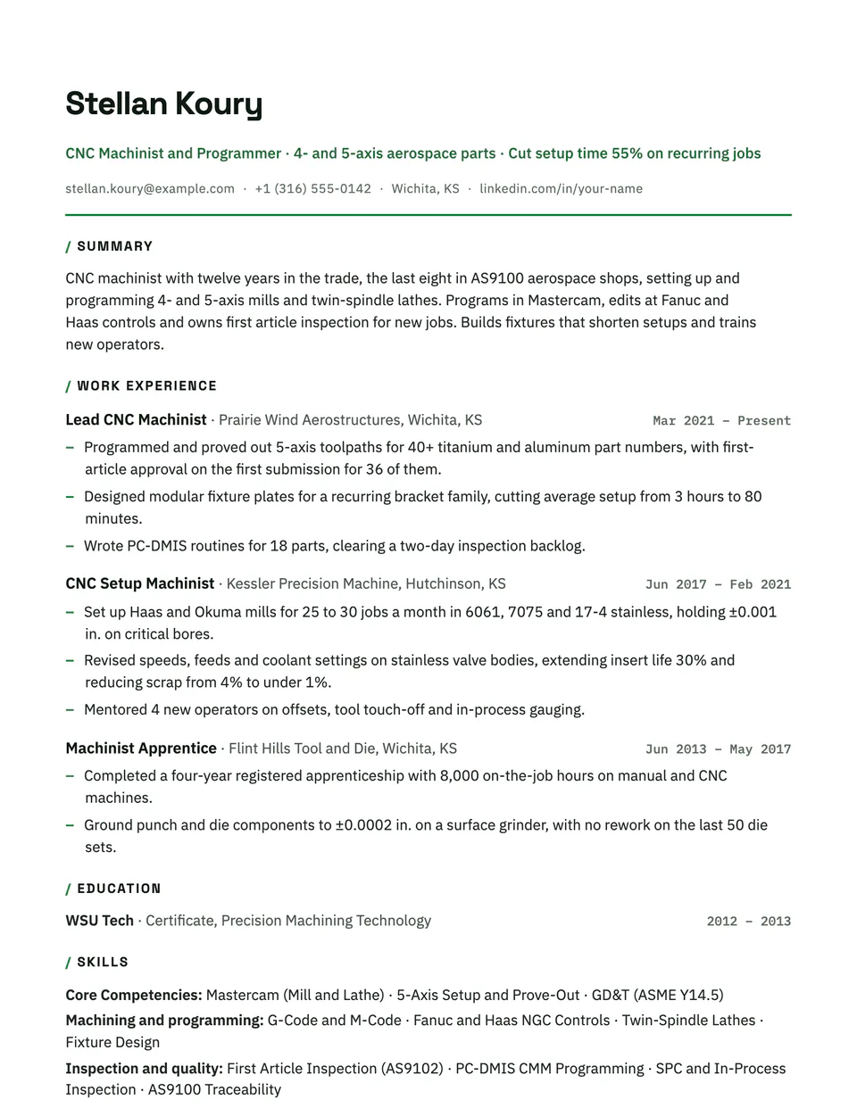 Machinist sample resume in the Axiom template