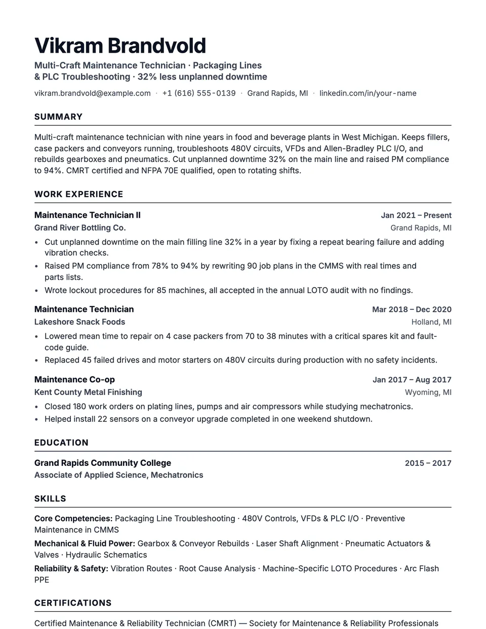 Maintenance Technician sample resume in the Beacon template