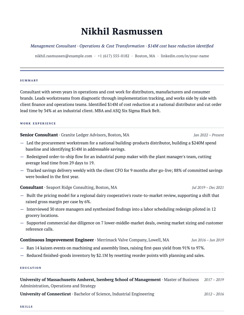 Management Consultant sample resume in the Consul template