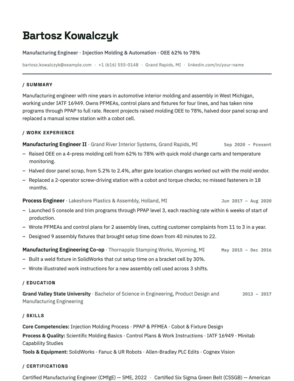 Manufacturing Engineer sample resume in the Axiom template