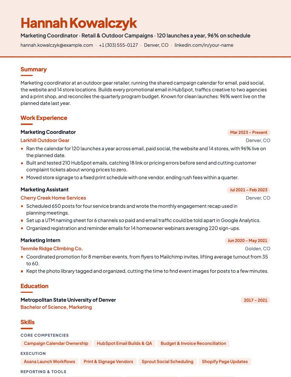 Marketing Coordinator sample resume in the Canopy template
