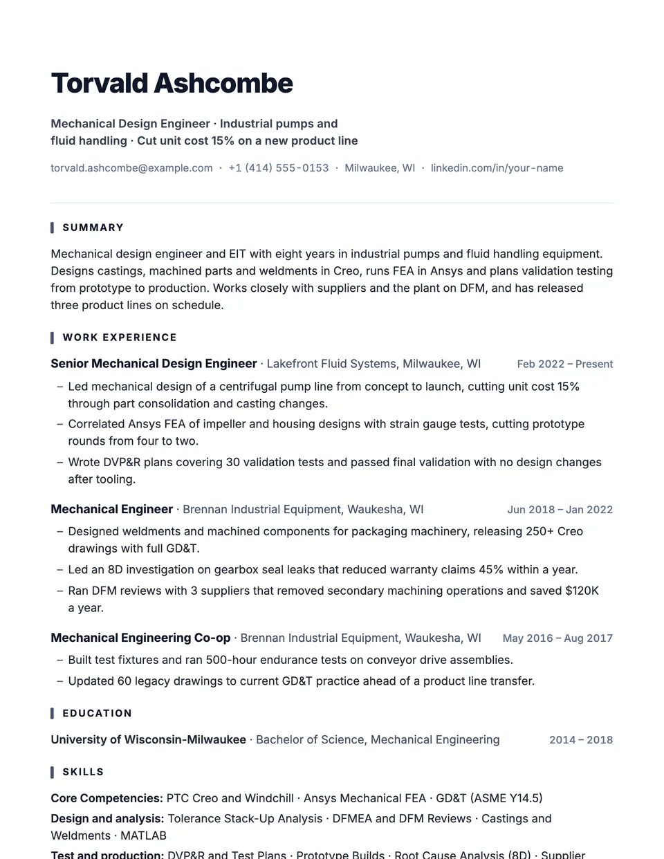 Mechanical Engineer sample resume in the Atlas template