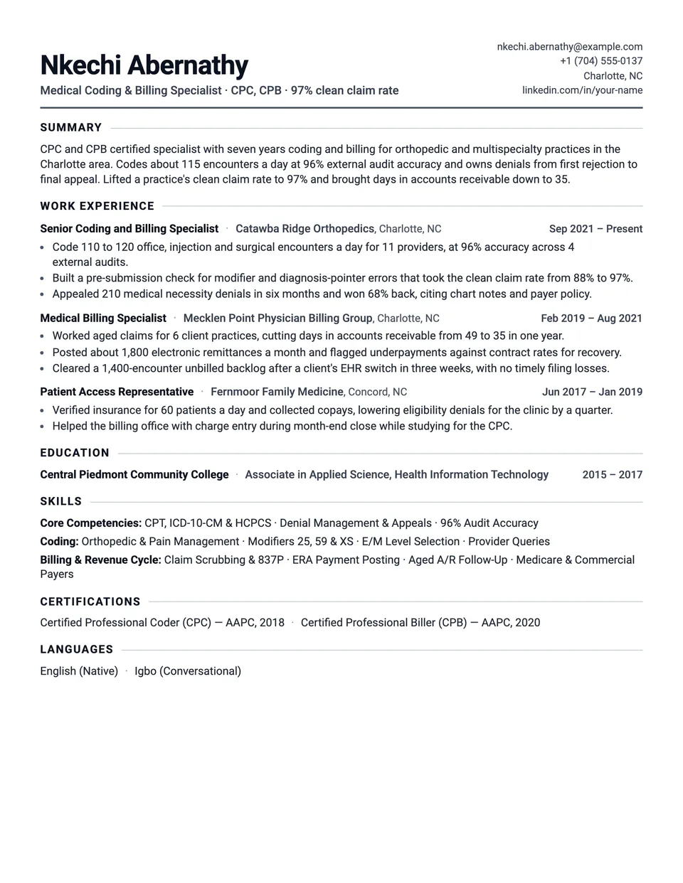 Medical Billing and Coding Specialist sample resume in the Tempo template