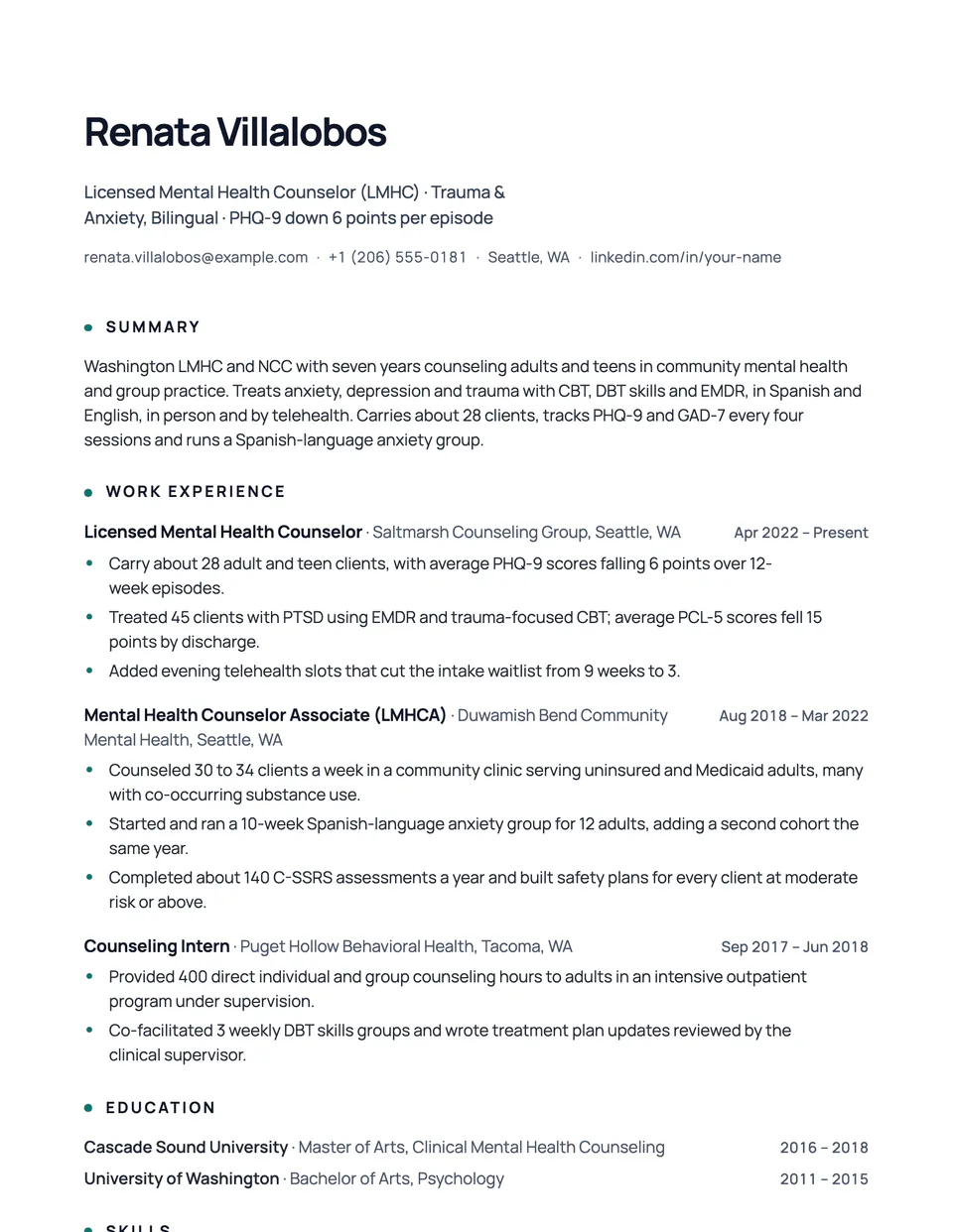 Mental Health Counselor sample resume in the Nimbus template